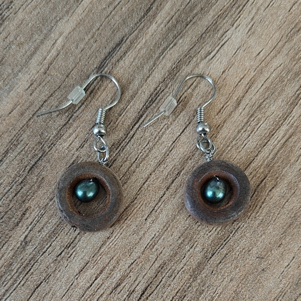EUC Wood and bead dangle earrings